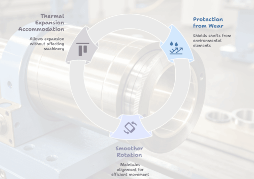 Diagram showing three main benefits of bushings: thermal expansion accommodation, protection from wear, and smoother rotation.