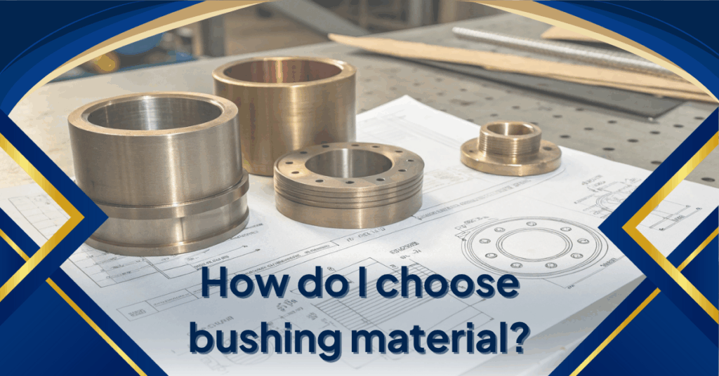 Bronze bushings displayed on top of engineering drawings with the title "How do I choose bushing material?" framed by a blue and gold geometric design.