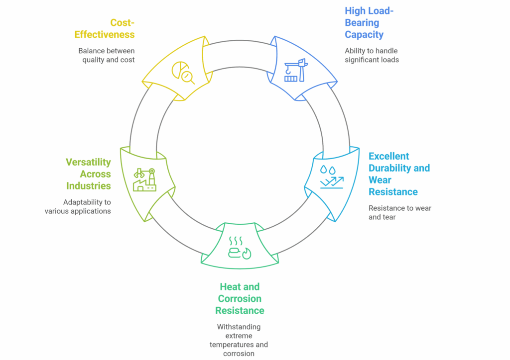 "Diagram showing key benefits of high-performance bushings in a circular layout, including cost-effectiveness, high load-bearing capacity, excellent durability and wear resistance, heat and corrosion resistance, and versatility across industries."