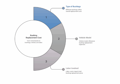 Donut chart showing the three main factors affecting bushing replacement cost: type of bushings, vehicle model, and labor involved.