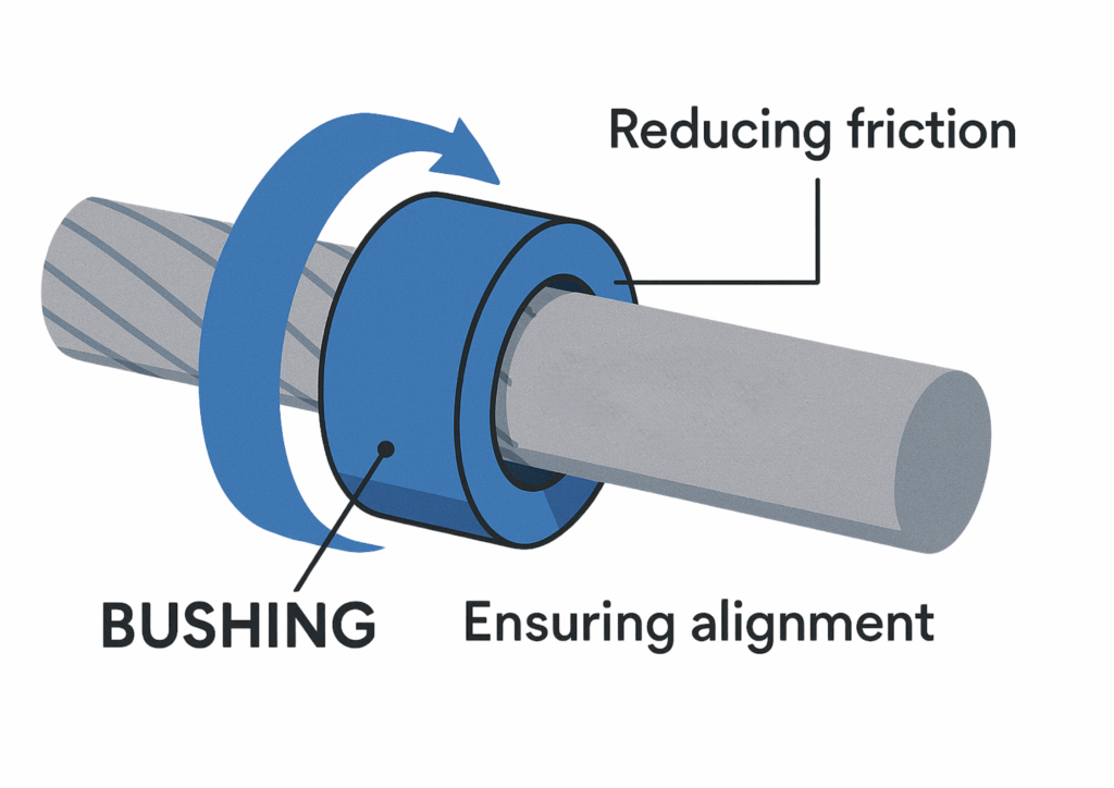 Illustration of a bushing reducing friction and ensuring alignment between a rotating shaft and housing.