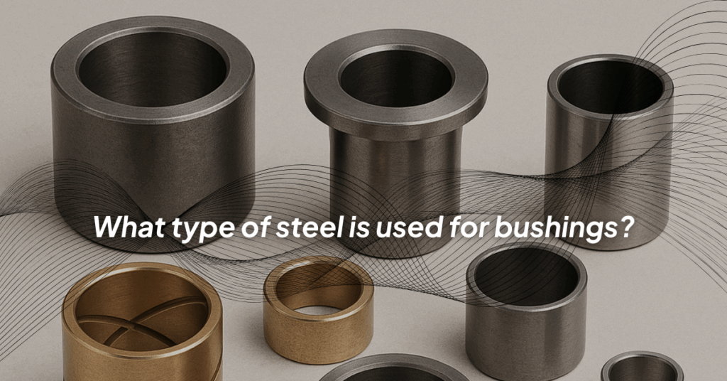 Photo of various steel and bronze bushings on a neutral background with overlay text asking “What type of steel is used for bushings?”