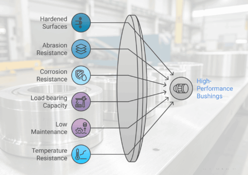 "Illustration linking a high-performance bushing to its features: hardened surfaces, abrasion resistance, corrosion resistance, load-bearing capacity, low maintenance, and temperature resistance. Background shows an industrial setting with metal components."