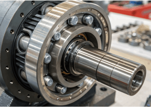 "Close-up photo of a steel bushing installed in industrial machinery, showcasing its precision fit and metallic components in a rotating assembly."