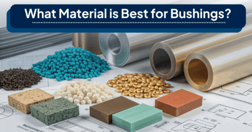 Assortment of raw bushing materials including plastic pellets, bronze coins, and composite blocks placed on engineering blueprints, with the title "What Material is Best for Bushings?"