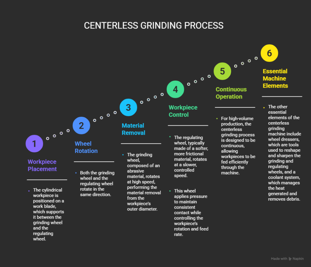 Infographic outlining the centerless grinding process in six steps: Workpiece Placement, Wheel Rotation, Material Removal, Workpiece Control, Continuous Operation, and Essential Machine Elements.