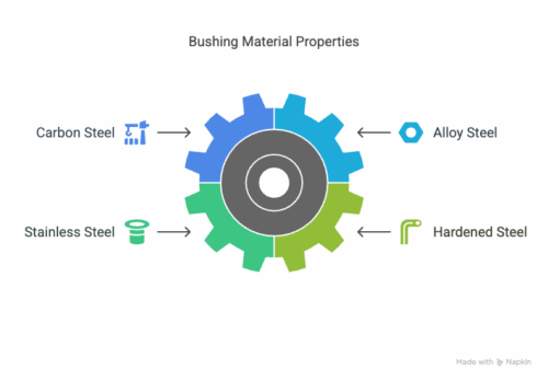 Infographic illustrating bushing material properties with a gear diagram featuring Carbon Steel, Alloy Steel, Stainless Steel, and Hardened Steel.