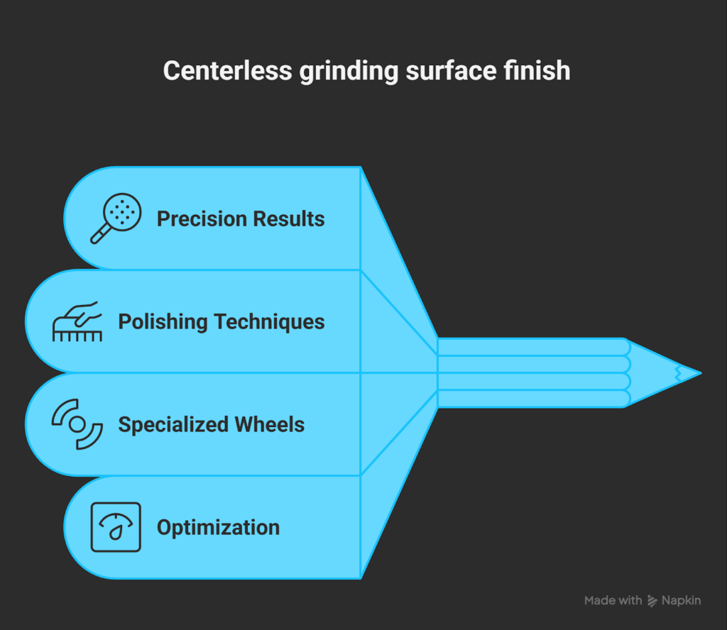 Diagram showing key factors in achieving a centerless grinding surface finish: precision results, polishing techniques, specialized wheels, and optimization.